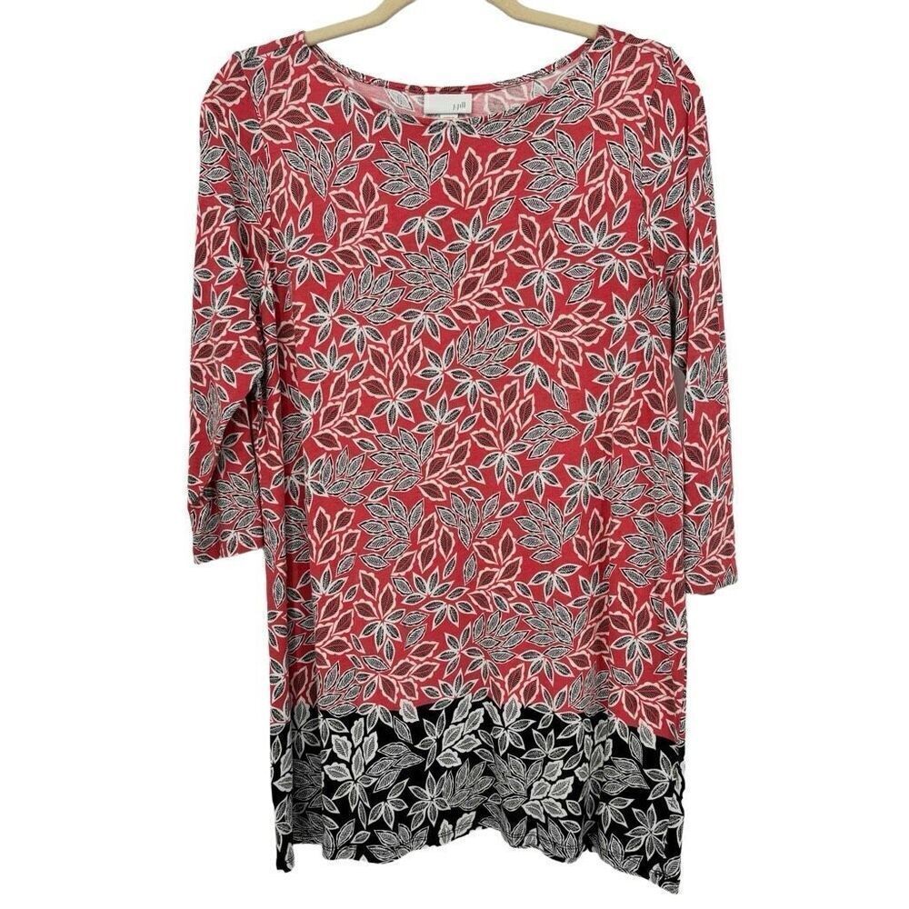 J. Jill 3/4 Sleeve Leaf Print‎ Tunic Top Coral Black Medium